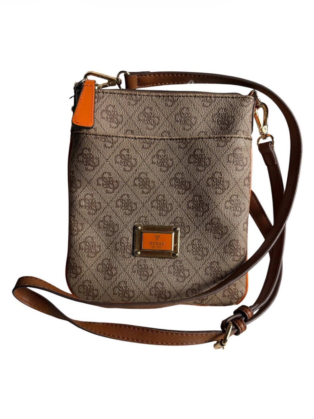 Guess Monogram Crossbody Bag in Brown with Orange Accents drops 26” Pre-Love